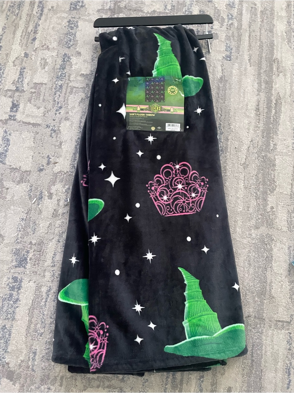 Black Plush Throw with Green Witch Hats and Pink Crowns